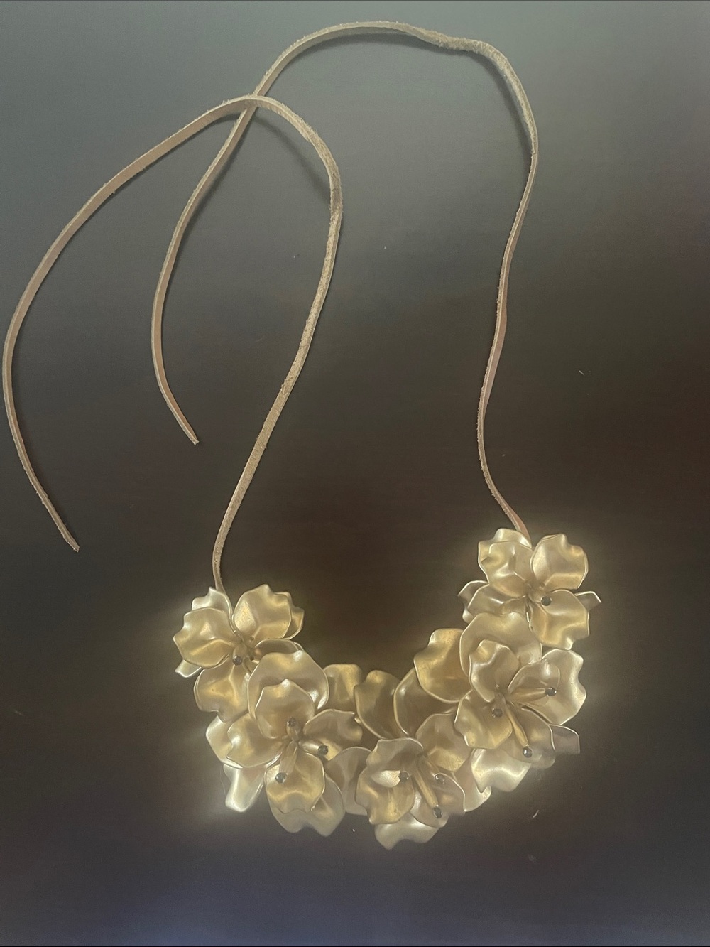 Gold Floral Bib Necklace with Tie Cord